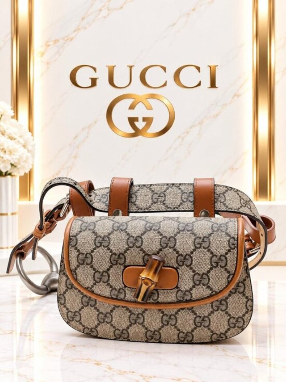 Authentic Gucci Bamboo GG Supreme Belt Bag Beige Brown Leather Waist Crossbody